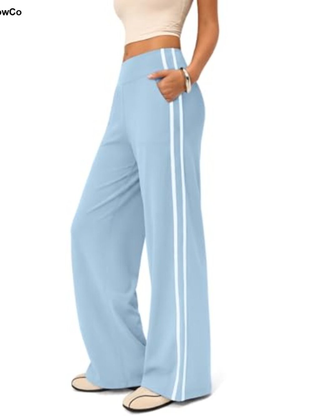 High Rise Wide Leg Track Pants with Side Stripes and Tummy Control